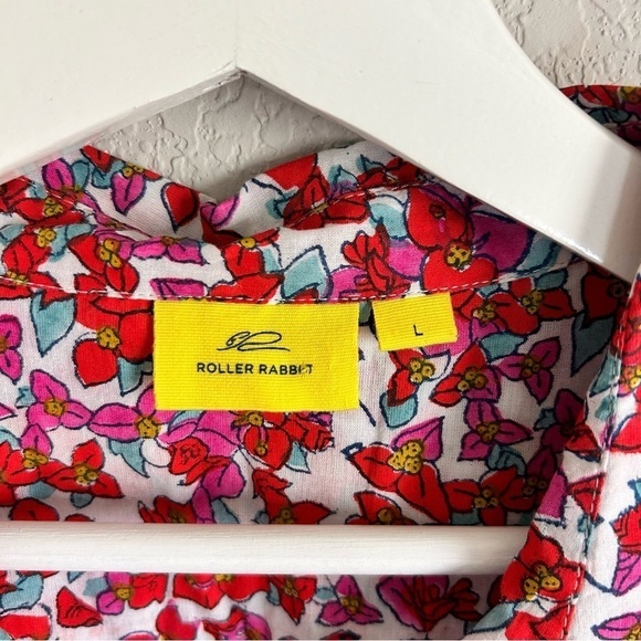 Roller Rabbit Floral Button Down Blouse Top Size L Pink Red Cotton - Picture 2 of 10